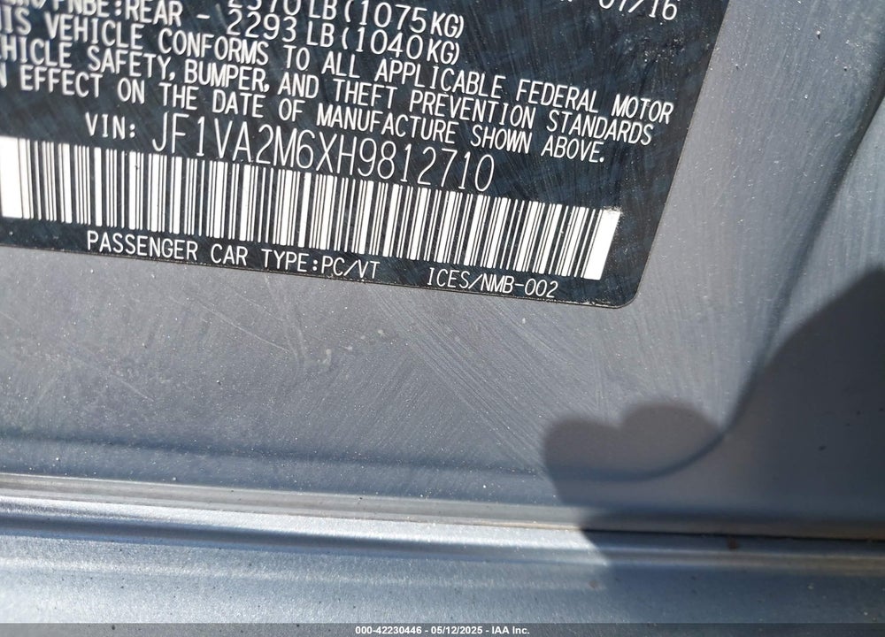2017 SUBARU WRX STI VIN: JF1VA2M6XH9812710