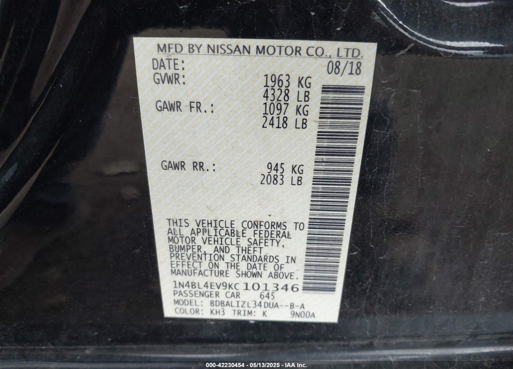 2019 NISSAN ALTIMA VIN: 1N4BL4EV9KC101346