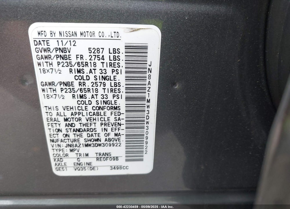 2013 NISSAN MURANO VIN: JN8AZ1MW3DW309922