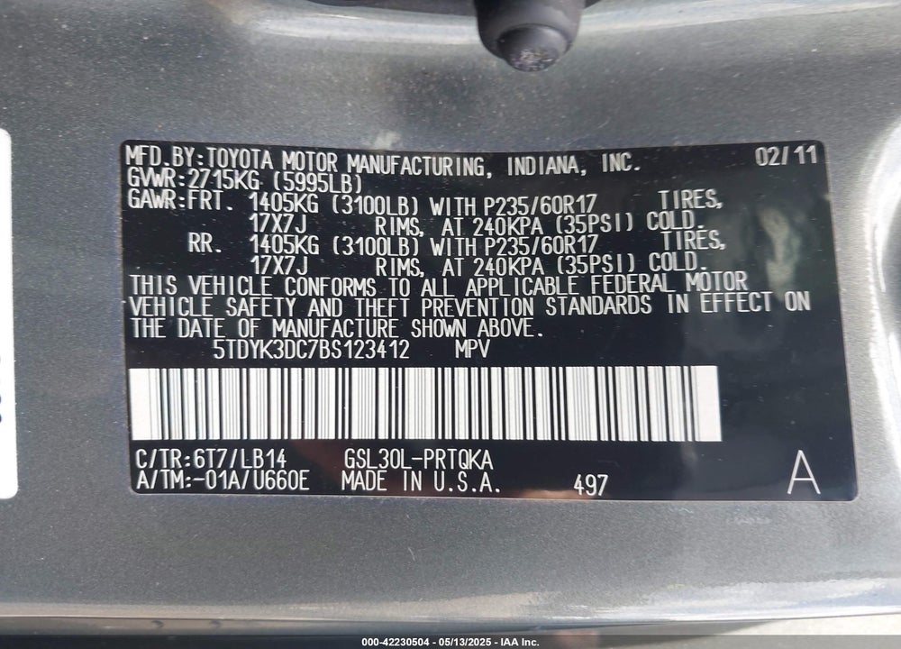 2011 TOYOTA SIENNA VIN: 5TDYK3DC7BS123412