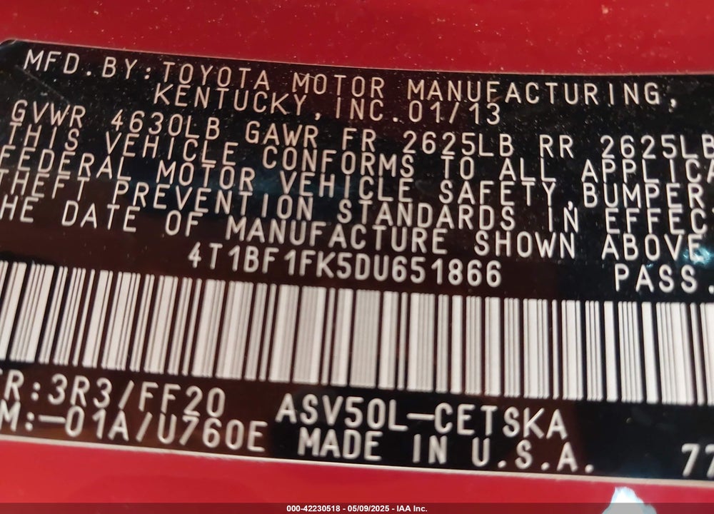 2013 TOYOTA CAMRY VIN: 4T1BF1FK5DU651866