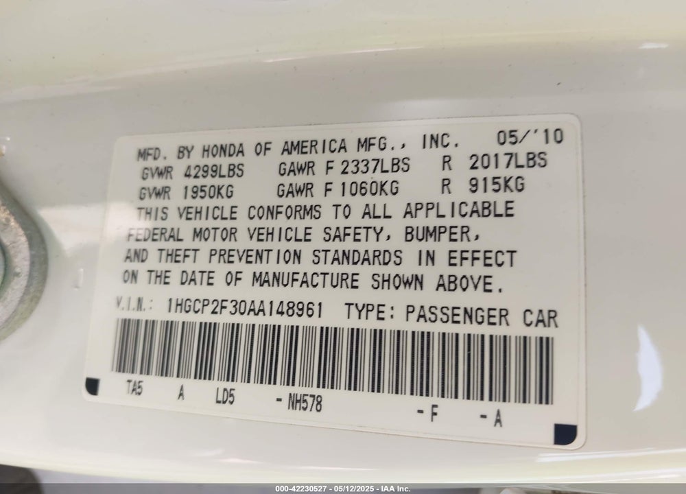 2010 HONDA ACCORD VIN: 1HGCP2F30AA148961