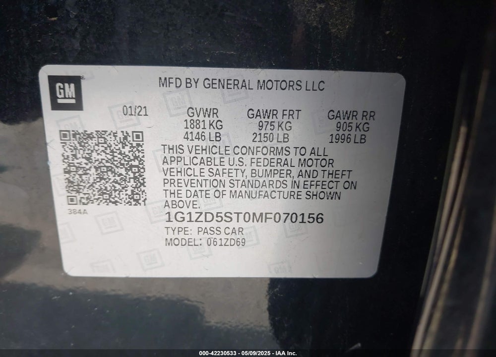 2021 CHEVROLET MALIBU VIN: 1G1ZD5ST0MF070156