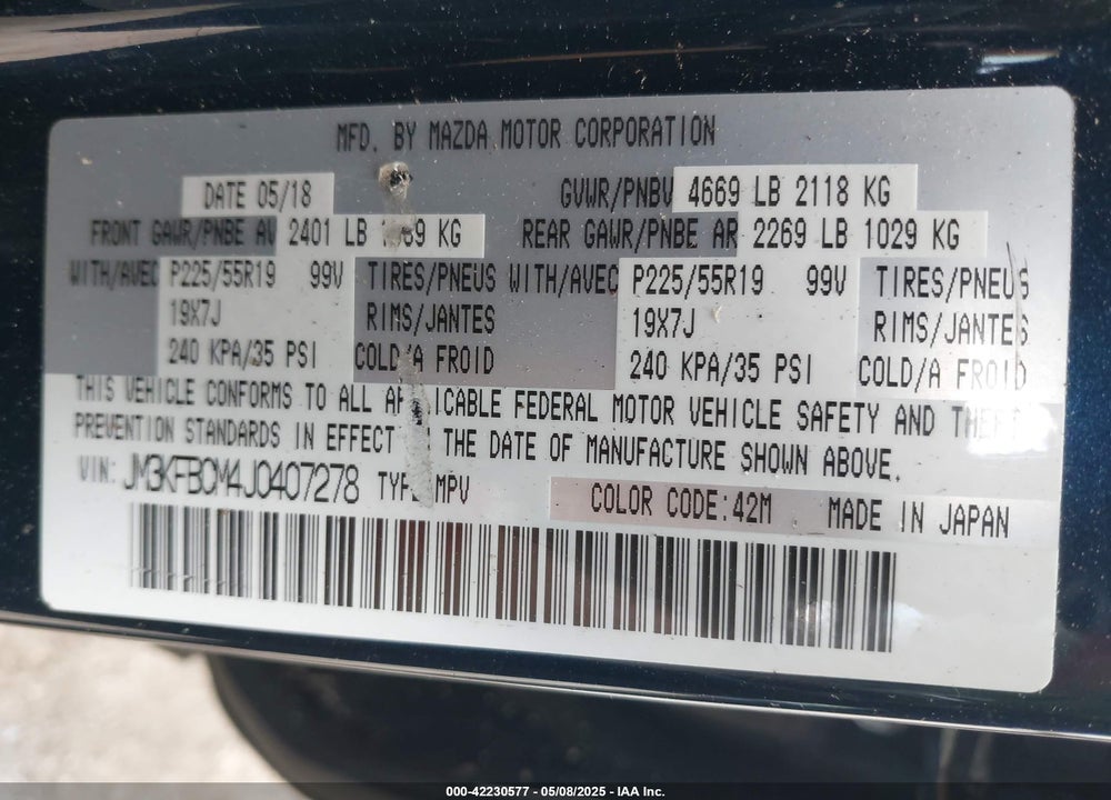 2018 MAZDA CX-5 VIN: JM3KFBCM4J0407278