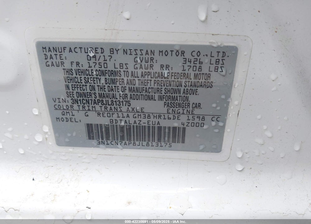 2018 NISSAN VERSA VIN: 3N1CN7AP8JL813175