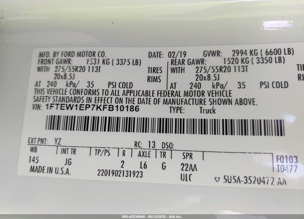 2019 FORD F-150 VIN: 1FTEW1EP7KFB10186