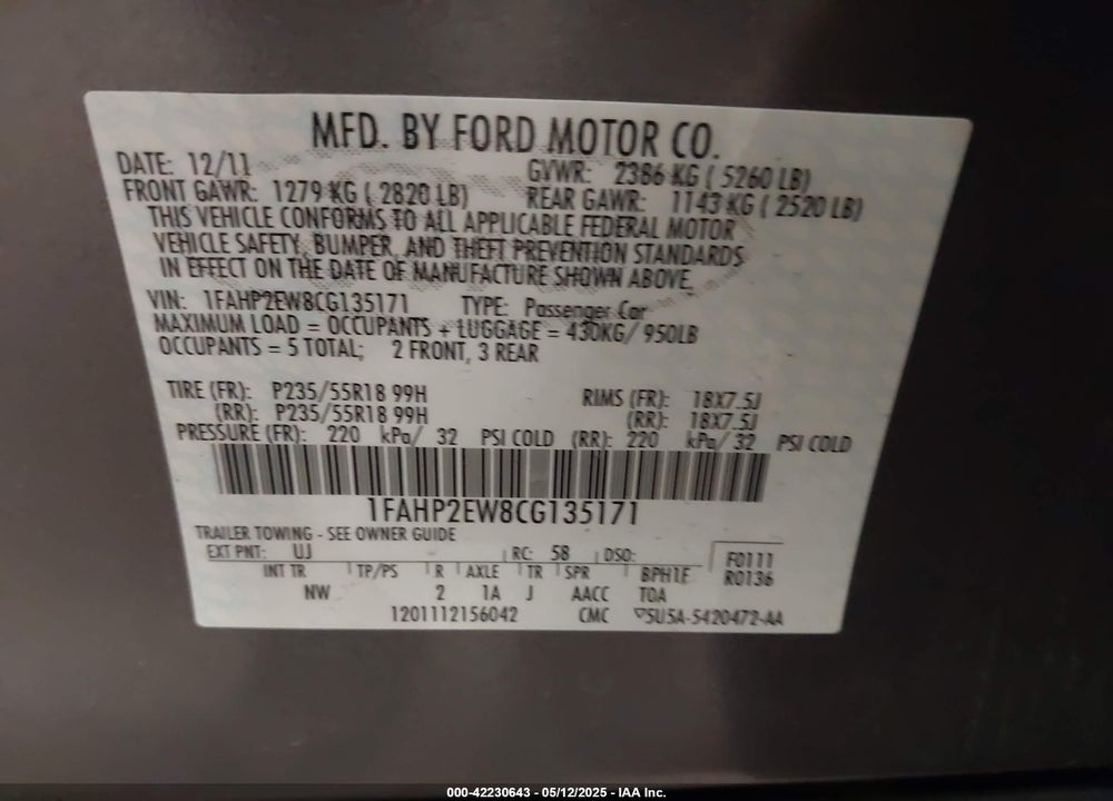 2012 FORD TAURUS VIN: 1FAHP2EW8CG135171