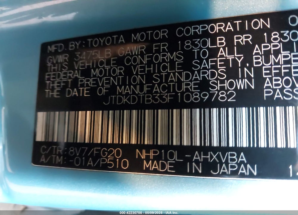 2015 TOYOTA PRIUS C VIN: JTDKDTB33F1089782