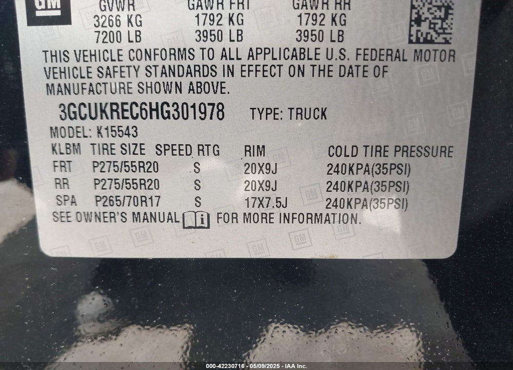 2017 CHEVROLET SILVERADO 1500 VIN: 3GCUKREC6HG301978