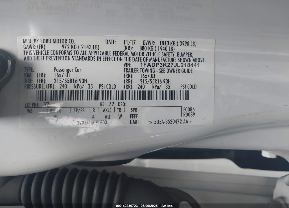 2018 FORD FOCUS VIN: 1FADP3K27JL218441