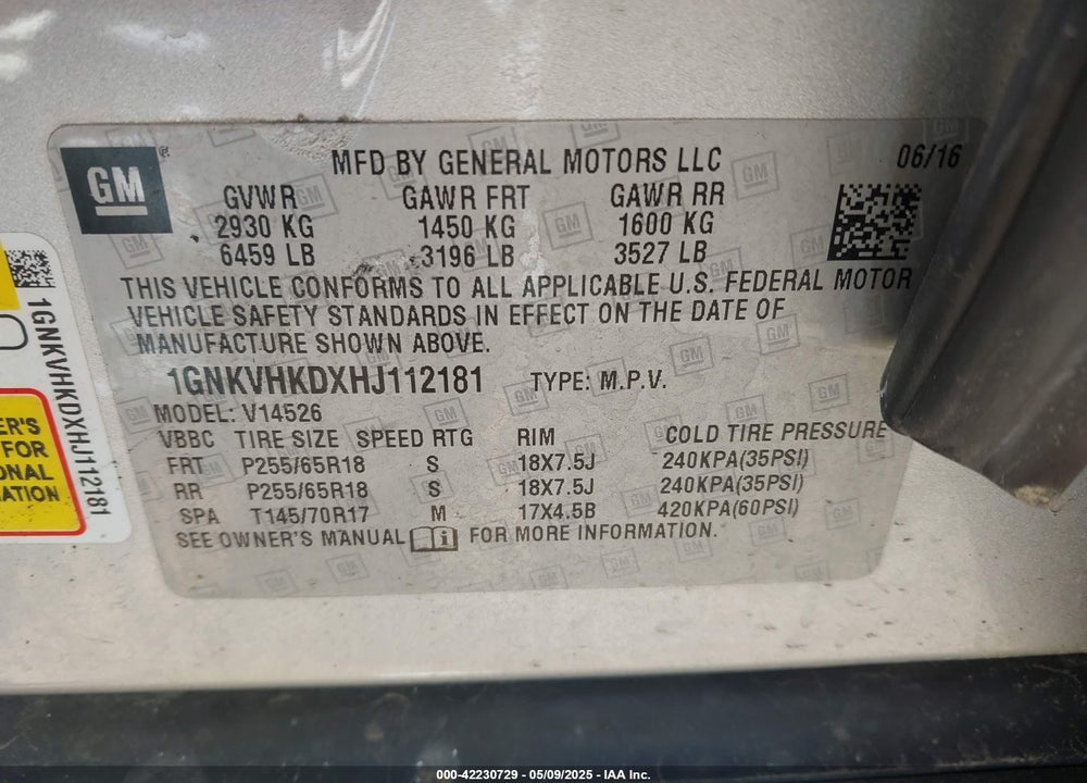 2017 CHEVROLET TRAVERSE VIN: 1GNKVHKDXHJ112181