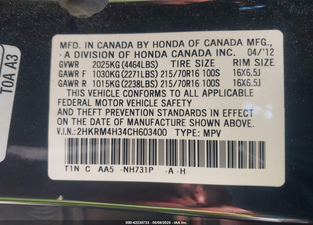2012 HONDA CR-V VIN: 2HKRM4H34CH603400