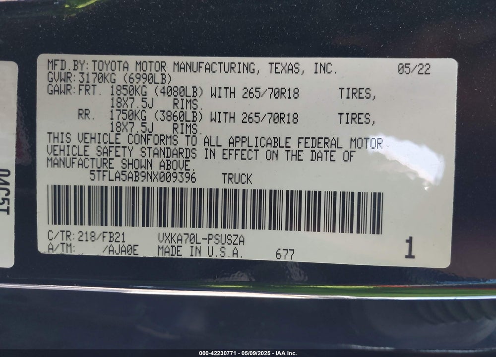 2022 TOYOTA TUNDRA VIN: 5TFLA5AB9NX009396