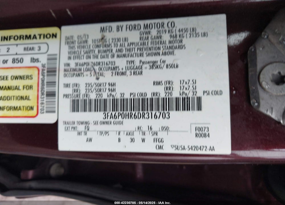 2013 FORD FUSION SE VIN: 3FA6P0HR6DR316703