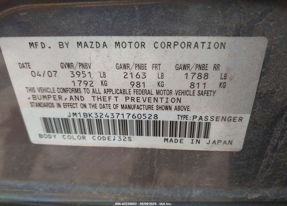 2007 MAZDA 3 S GRAND TOURING VIN: JM1BK324371760528