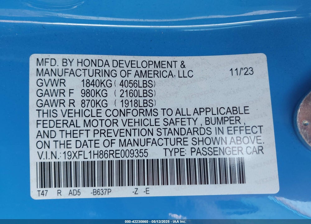 2024 HONDA CIVIC VIN: 19XFL1H86RE009355