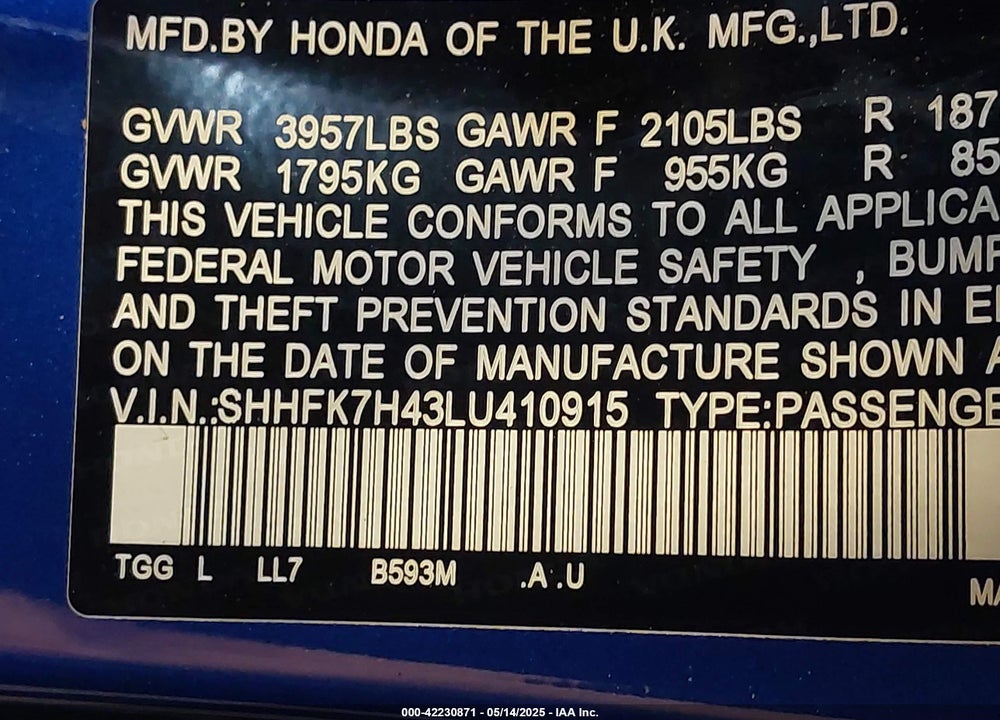 2020 HONDA CIVIC VIN: SHHFK7H43LU410915