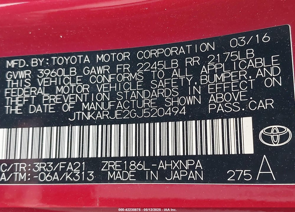 2016 SCION IM VIN: JTNKARJE2GJ520494