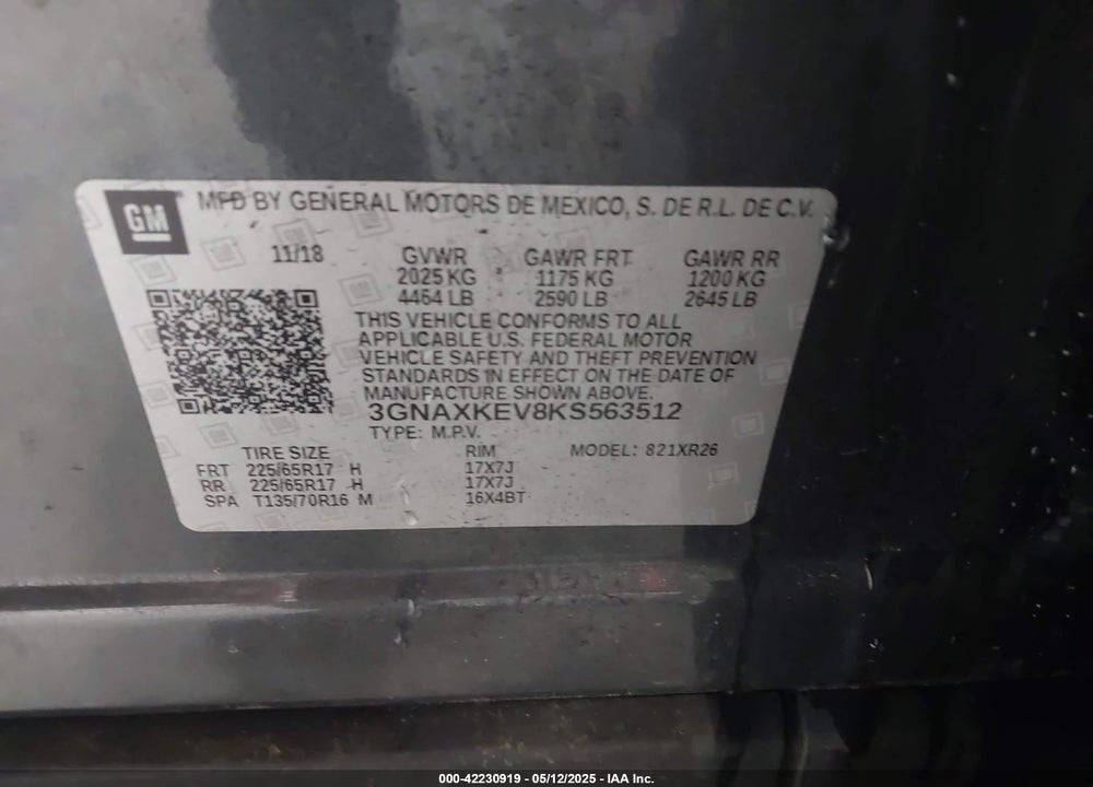 2019 CHEVROLET EQUINOX VIN: 3GNAXKEV8KS563512