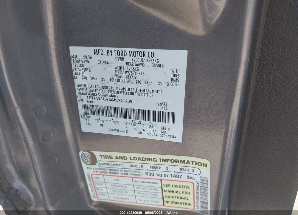 2010 FORD F-150 FX4/HARLEY-DAVIDSON/KING RANCH/LARIAT/PLATINUM/XL/XLT VIN: 1FTFW1EV3AKA21269
