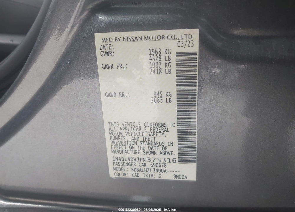 2023 NISSAN ALTIMA VIN: 1N4BL4DV3PN375316