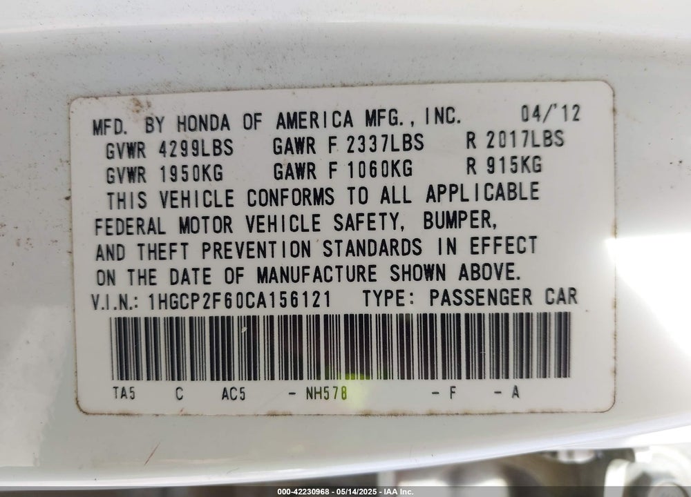2012 HONDA ACCORD VIN: 1HGCP2F60CA156121