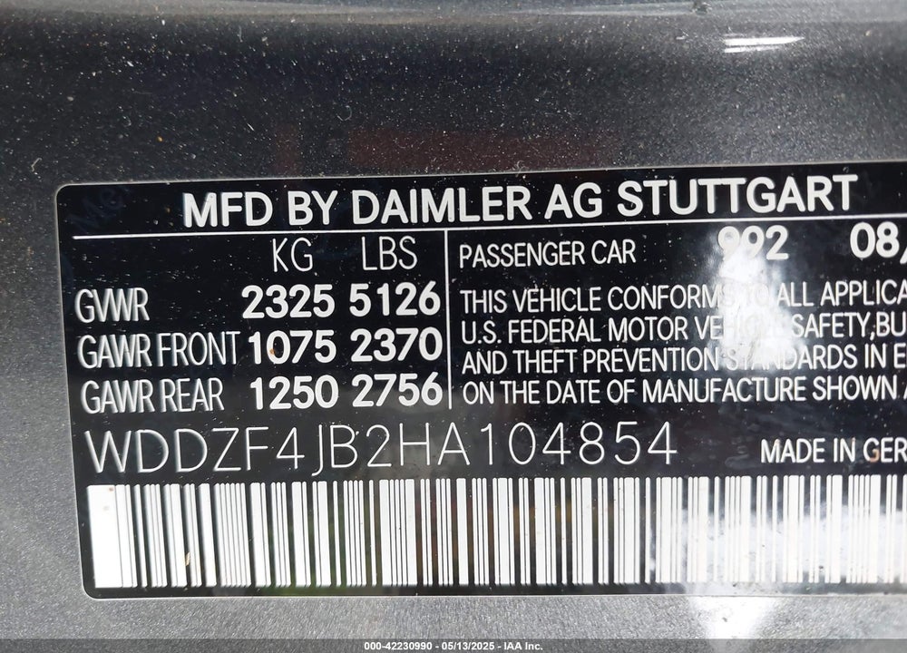 2017 MERCEDES-BENZ E 300 VIN: WDDZF4JB2HA104854