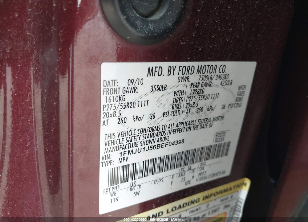 2011 FORD EXPEDITION KING RANCH VIN: 1FMJU1J56BEF04398