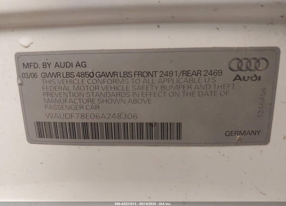 2006 AUDI A4 VIN: WAUDF78E06A248306