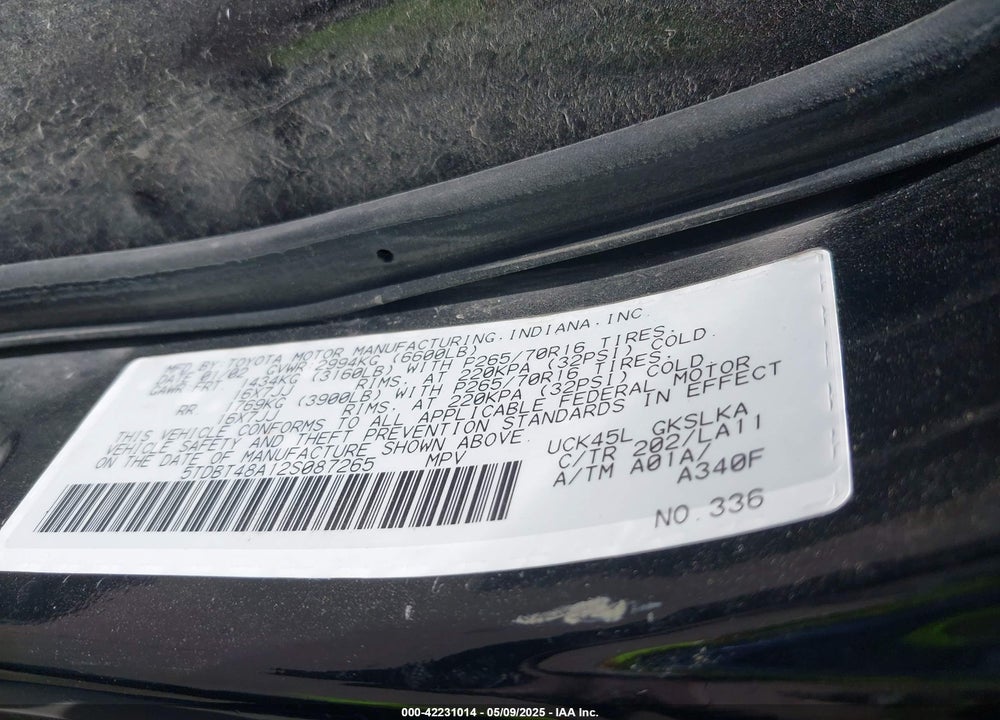 2002 TOYOTA SEQUOIA LIMITED V8 VIN: 5TDBT48A12S087265
