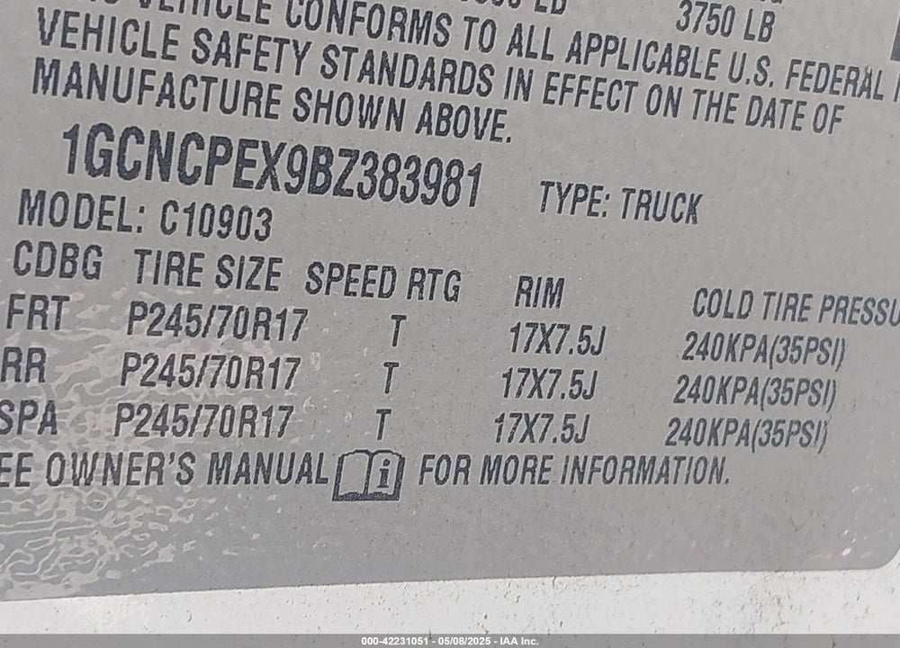 2011 CHEVROLET SILVERADO 1500 WORK TRUCK VIN: 1GCNCPEX9BZ383981