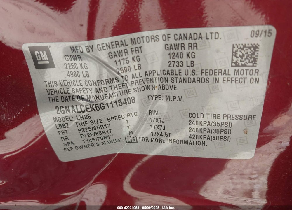 2016 CHEVROLET EQUINOX VIN: 2GNALCEK6G1115408