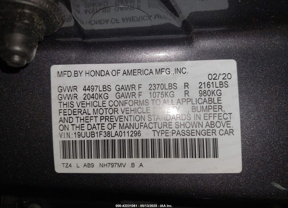 2020 ACURA TLX VIN: 19UUB1F38LA011296