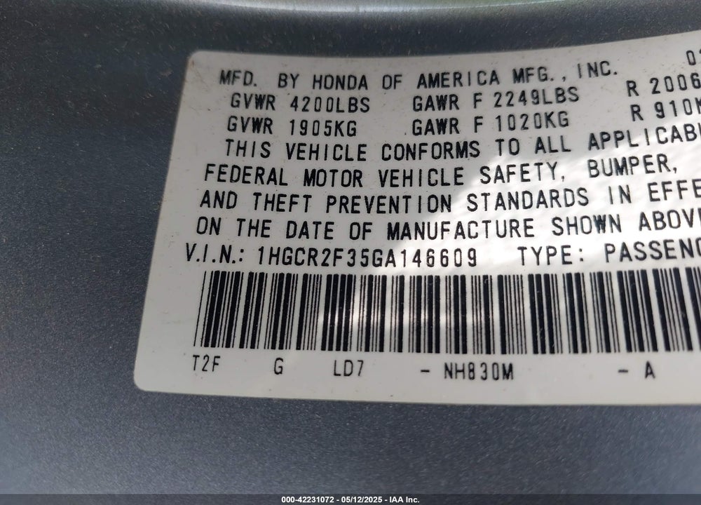 2016 HONDA ACCORD VIN: 1HGCR2F35GA146609
