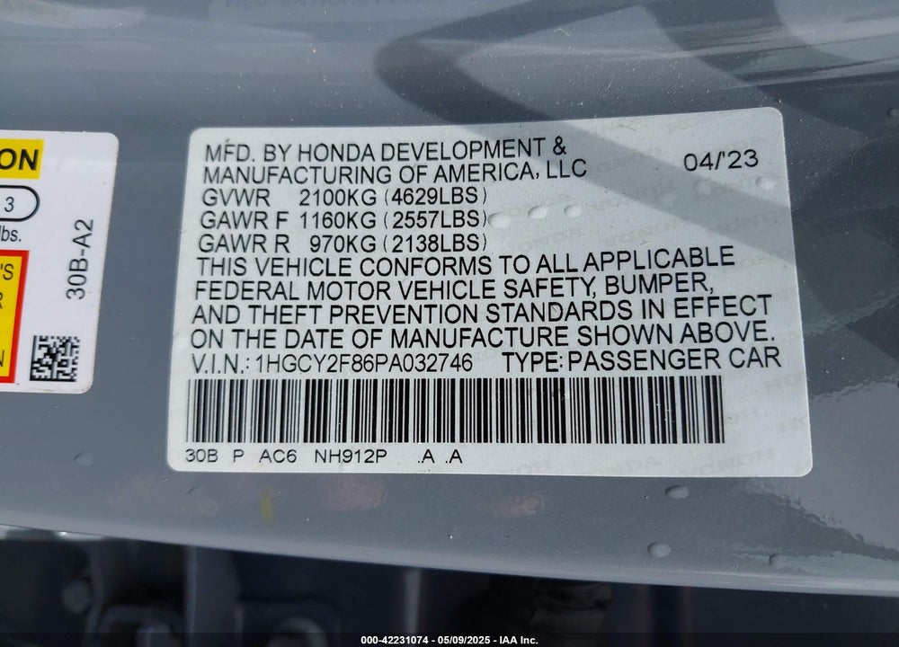 2023 HONDA ACCORD HYBRID TOURING VIN: 1HGCY2F86PA032746