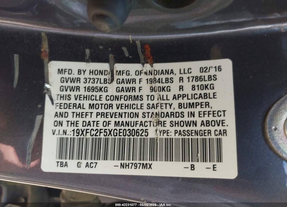 2016 HONDA CIVIC LX VIN: 19XFC2F5XGE030625
