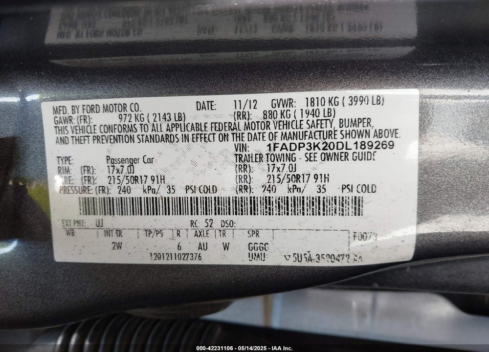 2013 FORD FOCUS VIN: 1FADP3K20DL189269
