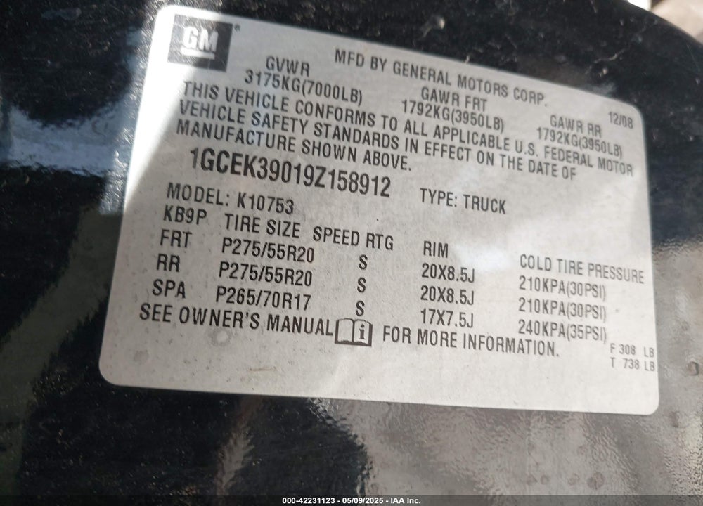2009 CHEVROLET SILVERADO 1500 LTZ VIN: 1GCEK39019Z158912
