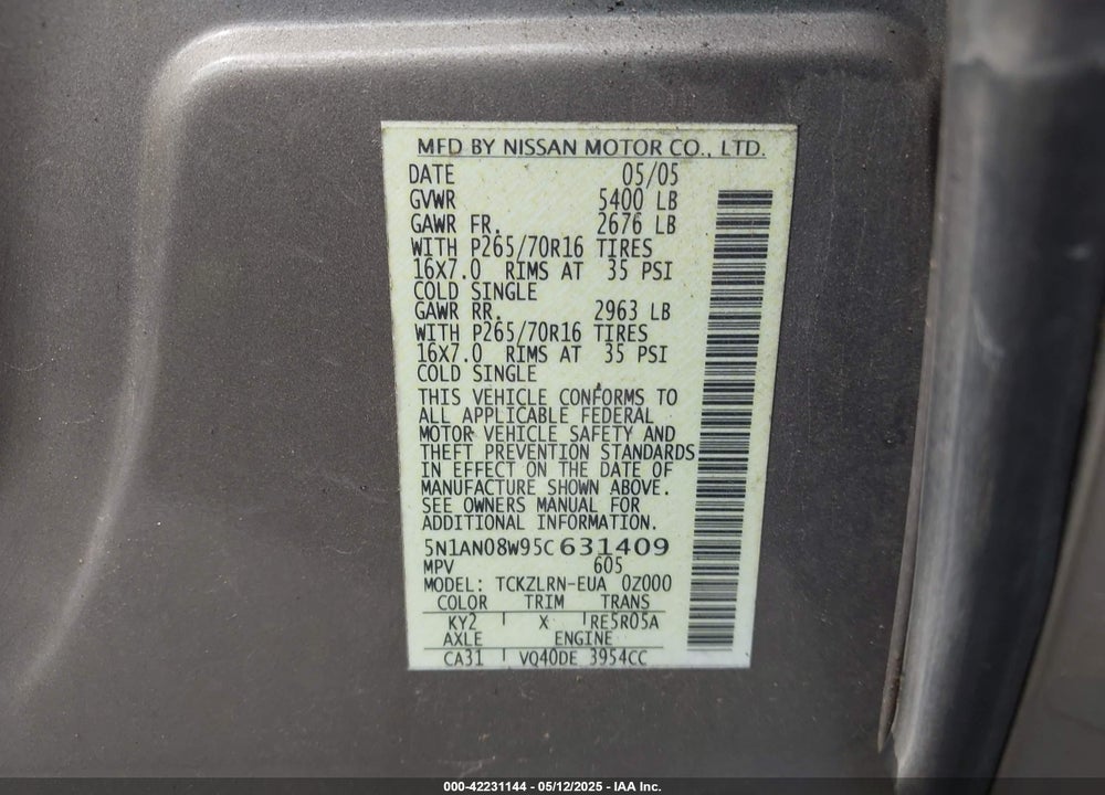 2005 NISSAN XTERRA S VIN: 5N1AN08W95C631409