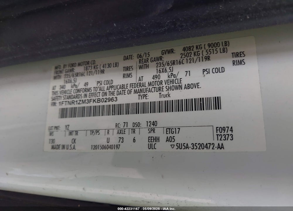 2015 FORD TRANSIT-250 VIN: 1FTNR1ZM3FKB02963