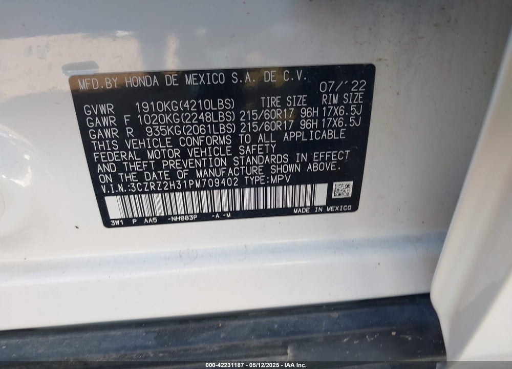 2023 HONDA HR-V AWD LX VIN: 3CZRZ2H31PM709402