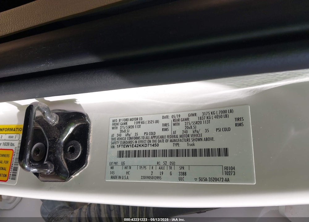 2019 FORD F-150 LARIAT VIN: 1FTEW1E42KKD71450