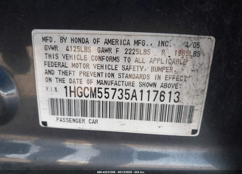 2005 HONDA ACCORD 2.4 EX VIN: 1HGCM55735A117613