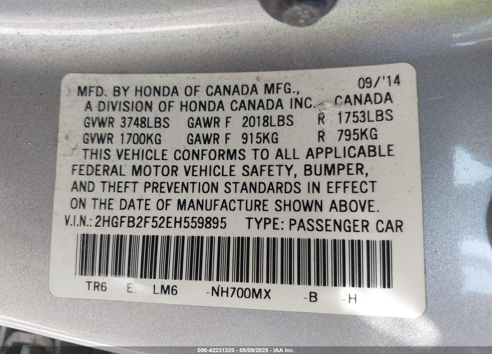 2014 HONDA CIVIC VIN: 2HGFB2F52EH559895