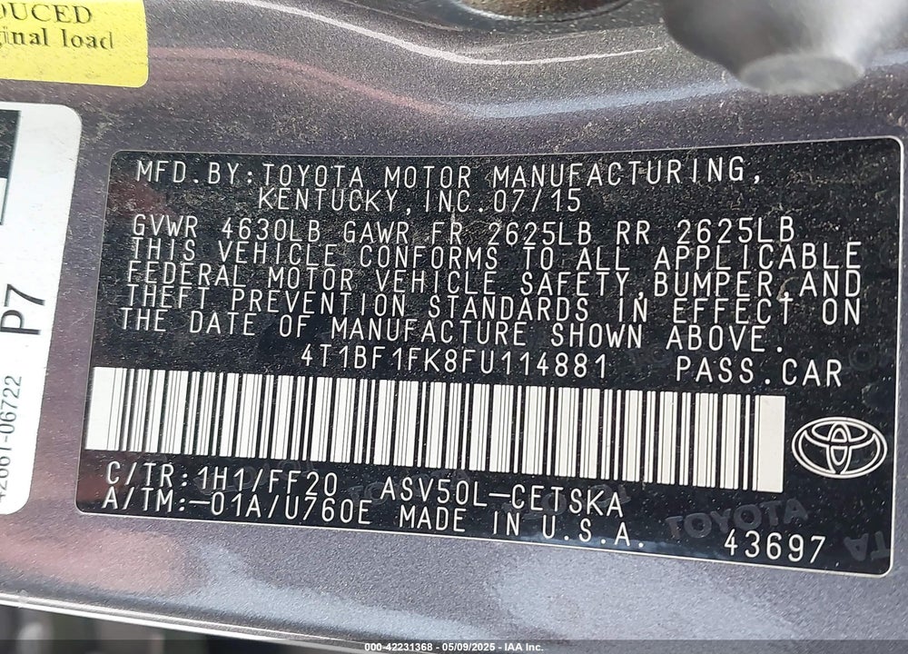 2015 TOYOTA CAMRY SE VIN: 4T1BF1FK8FU114881