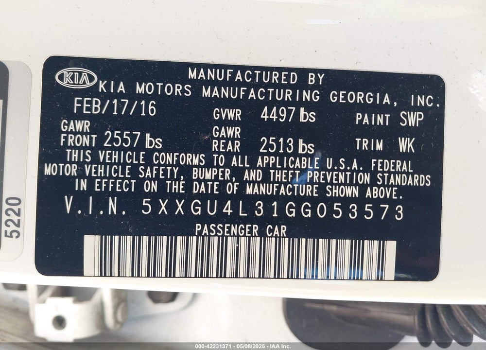 2016 KIA OPTIMA EX VIN: 5XXGU4L31GG053573