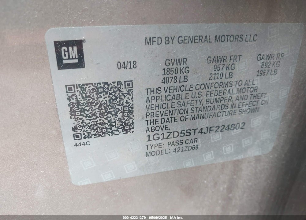 2018 CHEVROLET MALIBU VIN: 1G1ZD5ST4JF224802