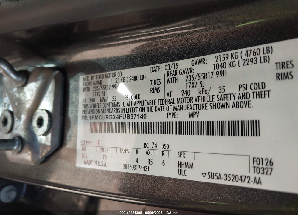 2015 FORD ESCAPE VIN: 1FMCU9GX4FUB97146