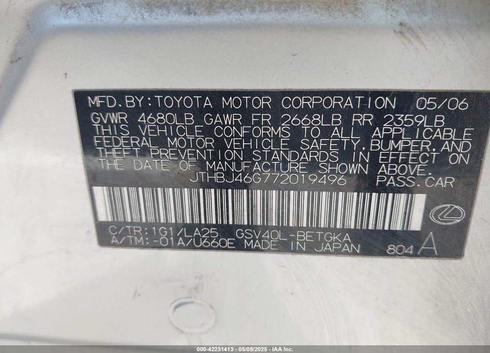 2007 LEXUS ES 350 VIN: JTHBJ46G772019496