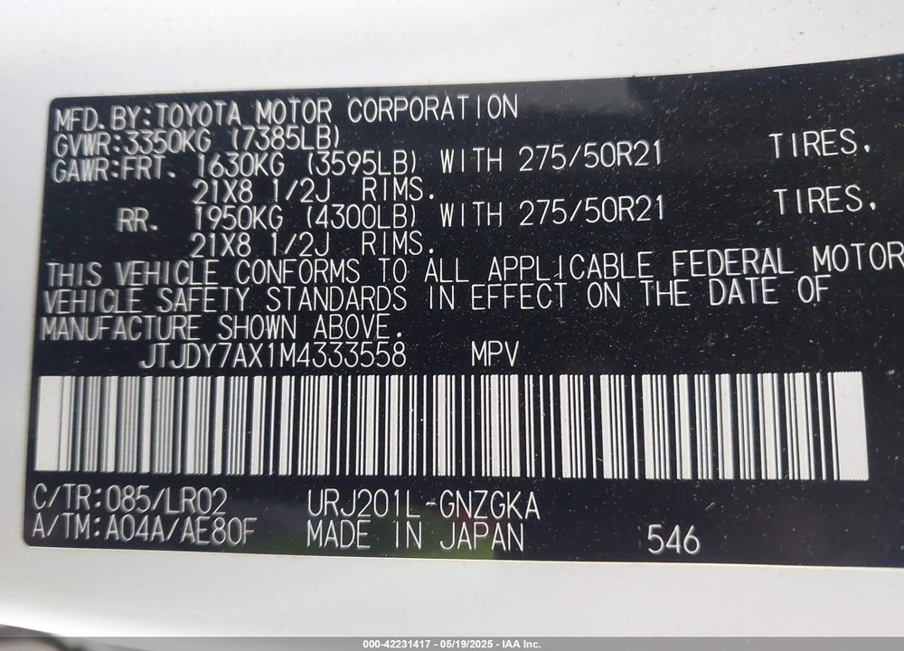 2021 LEXUS LX 570 THREE-ROW VIN: JTJDY7AX1M4333558